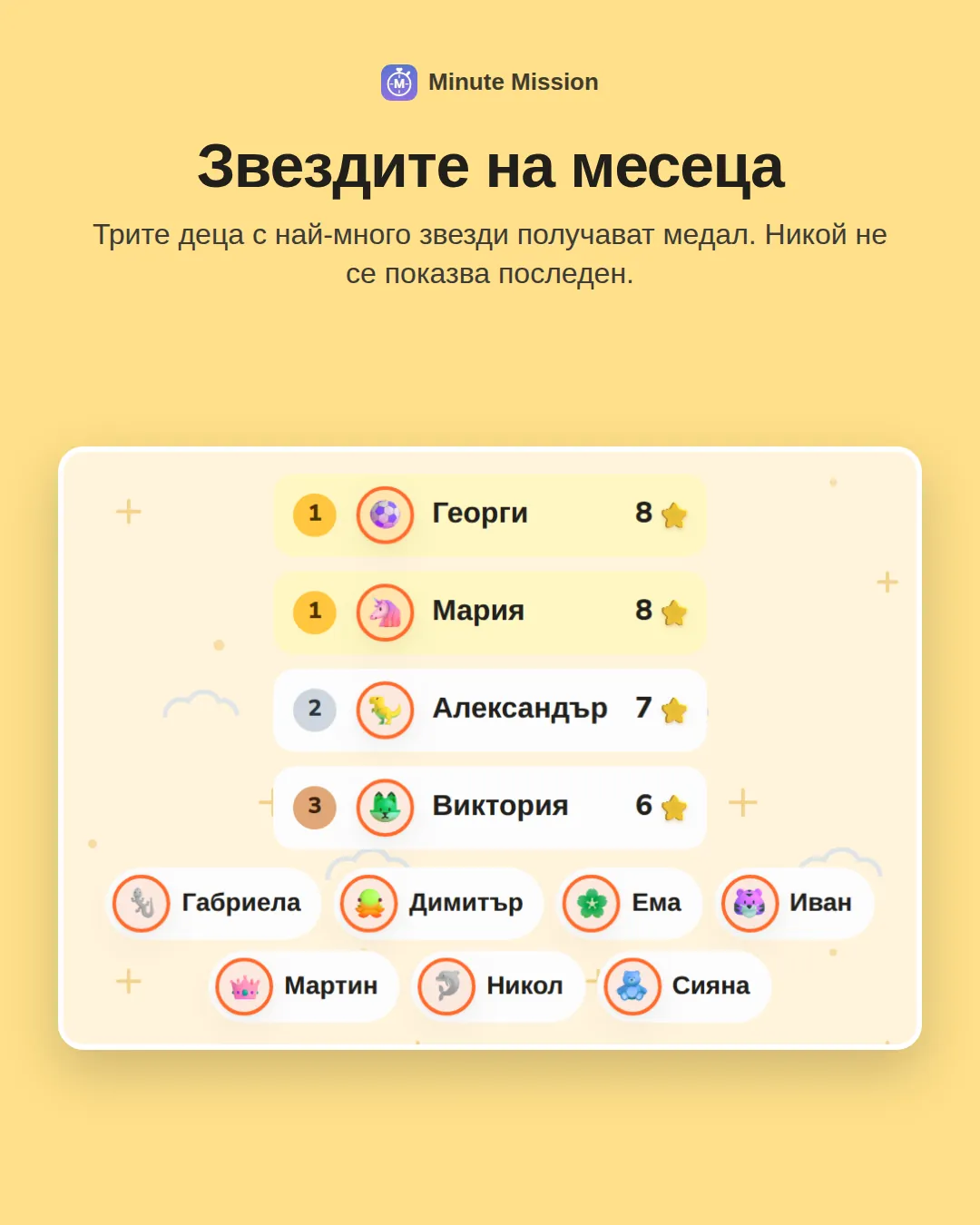 Звездите на месеца: Трите деца с най-много звезди получават медал. Никой не се показва последен.