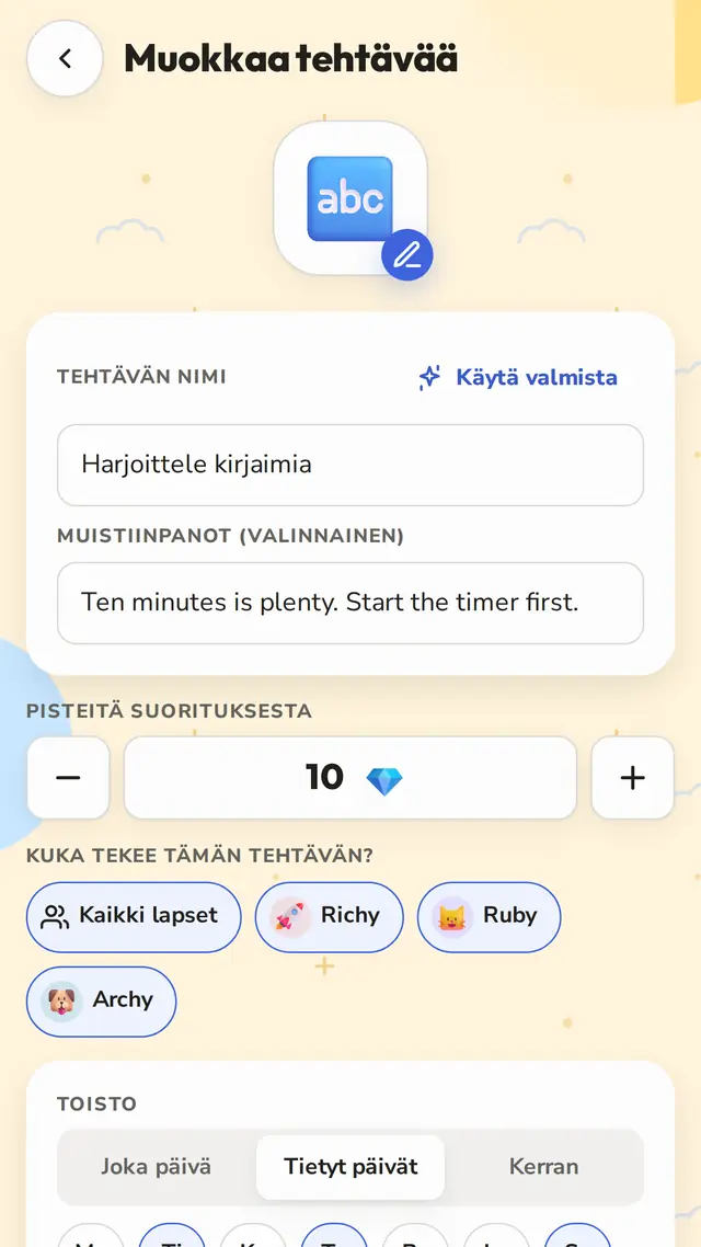 Joka päivä, tiettyinä päivinä tai vain kerran
