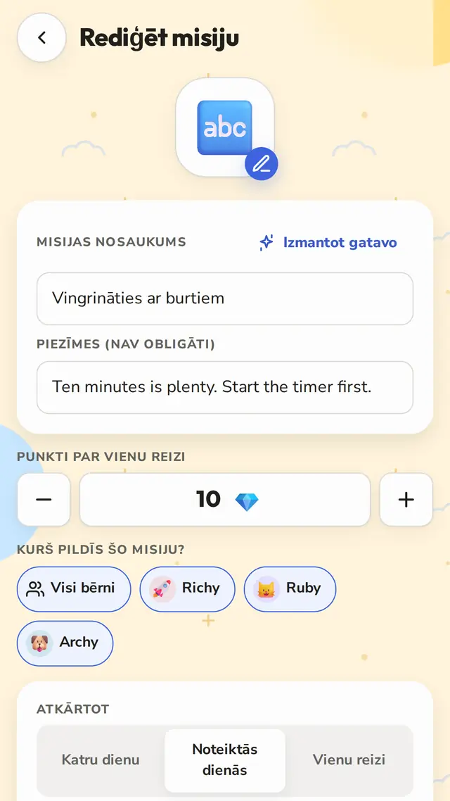 Katru dienu, noteiktās dienās vai tikai reizi