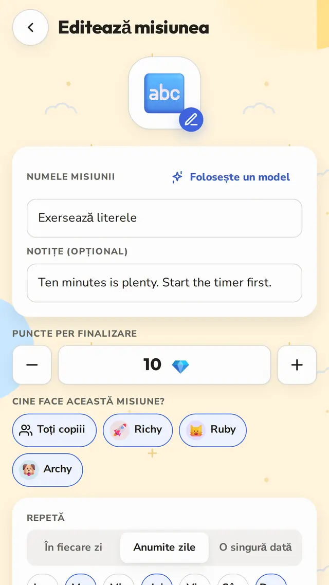 În fiecare zi, anumite zile sau o singură dată