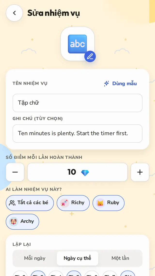 Mỗi ngày, vài ngày nhất định, hoặc một lần